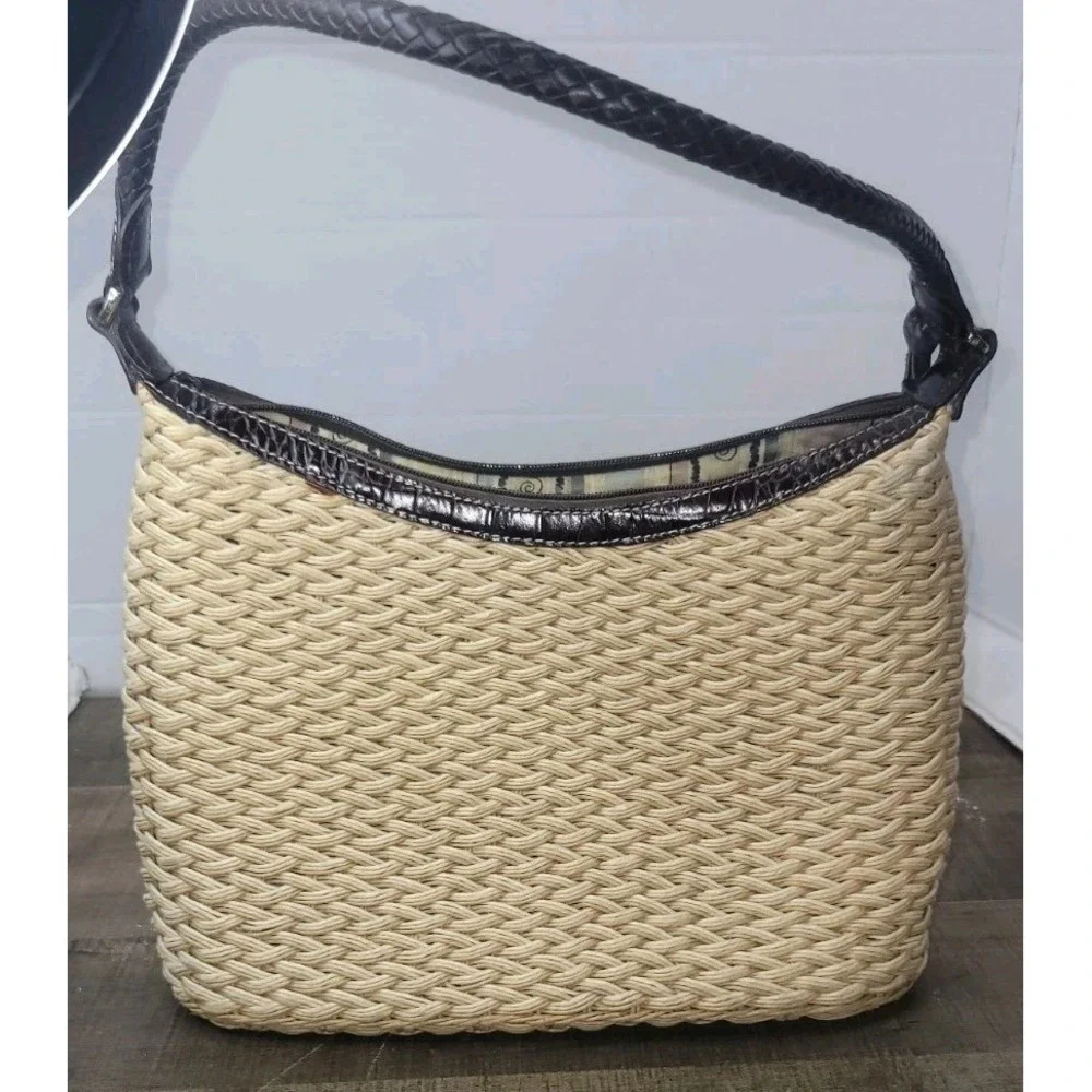 Brighton Edna Woven Straw‎ Wicker Natural Tan Brown Leather Shoulder Hobo Bag